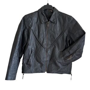 Vintage Leather Jacket Biker Black Braided Motorcycle Women’s Size M Crop Corset